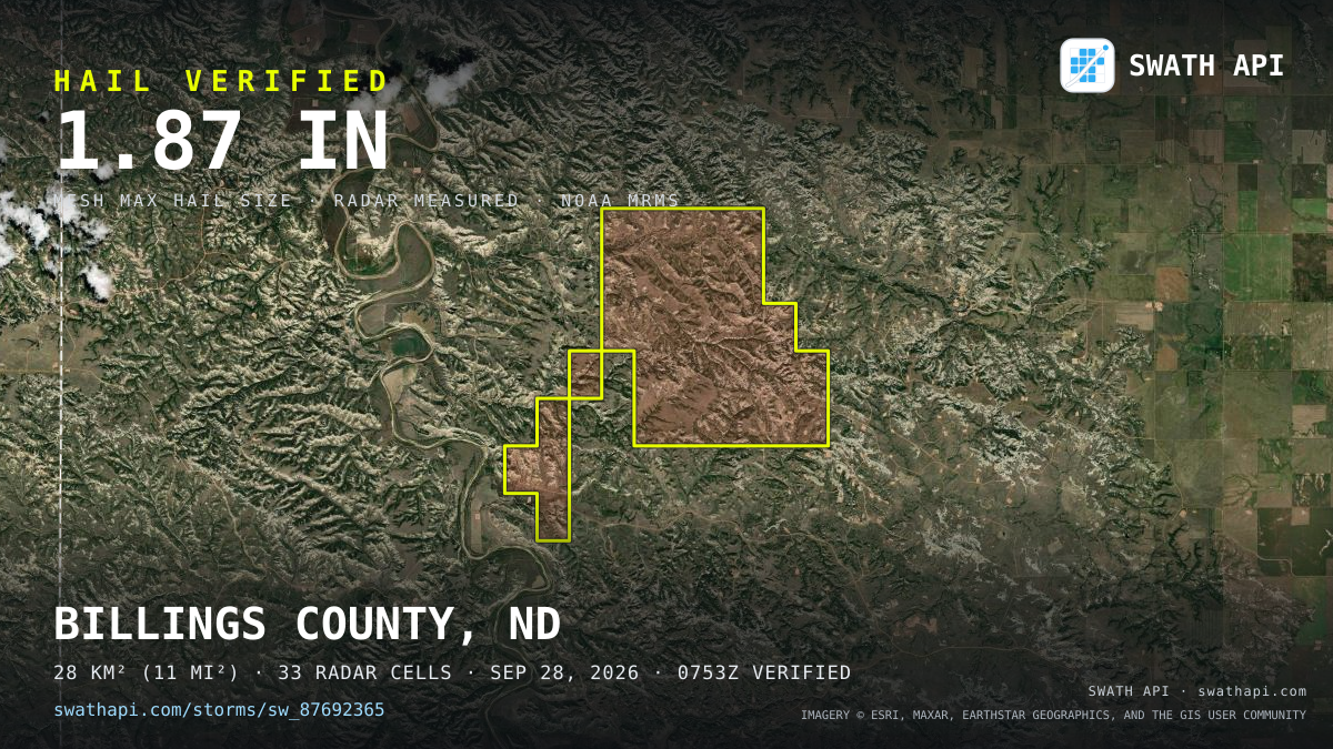 Storm card: 1.3–1.9" hail crossed Billings County, ND — September 28, 2026