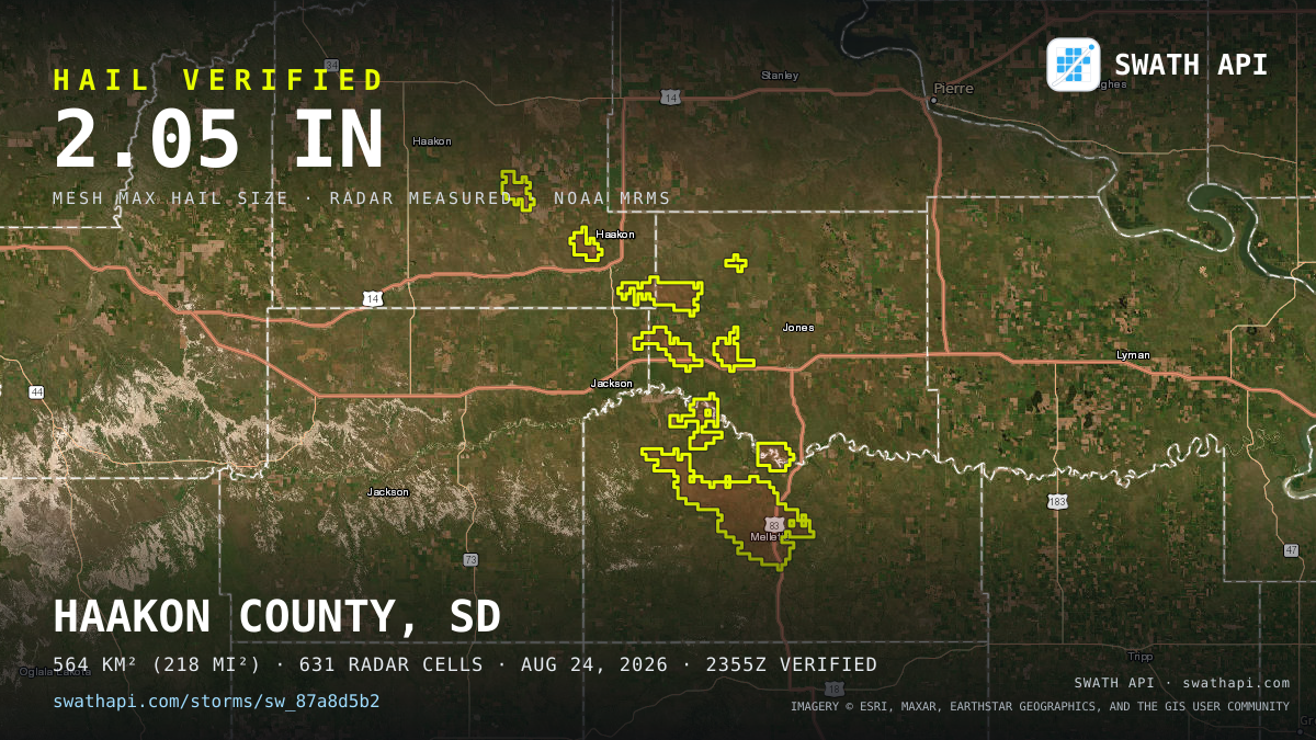 Storm card: 1.1–2.1" hail crossed Mellette County, SD — August 24, 2026