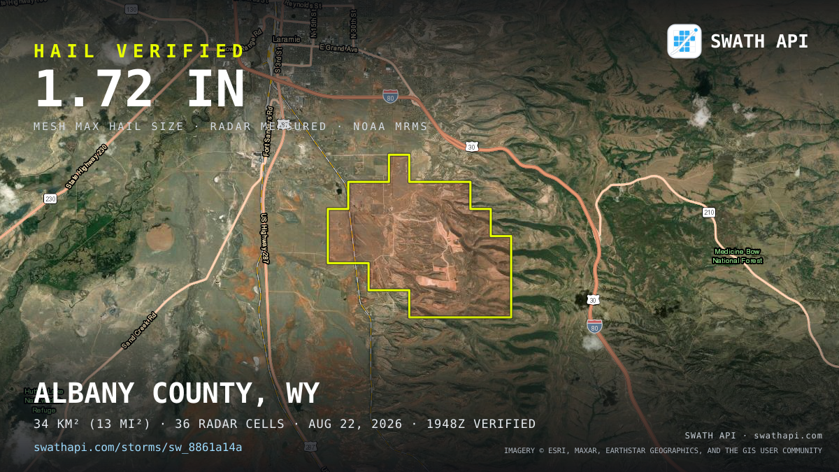 Storm card: 1.1–1.7" hail crossed Albany County, WY — August 22, 2026