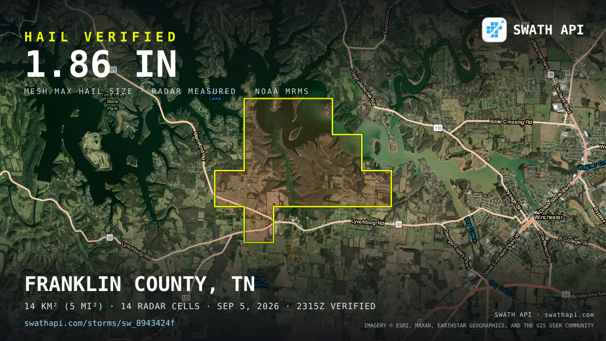Storm card: 1.2–1.9" hail crossed Franklin County, TN — September 5, 2026