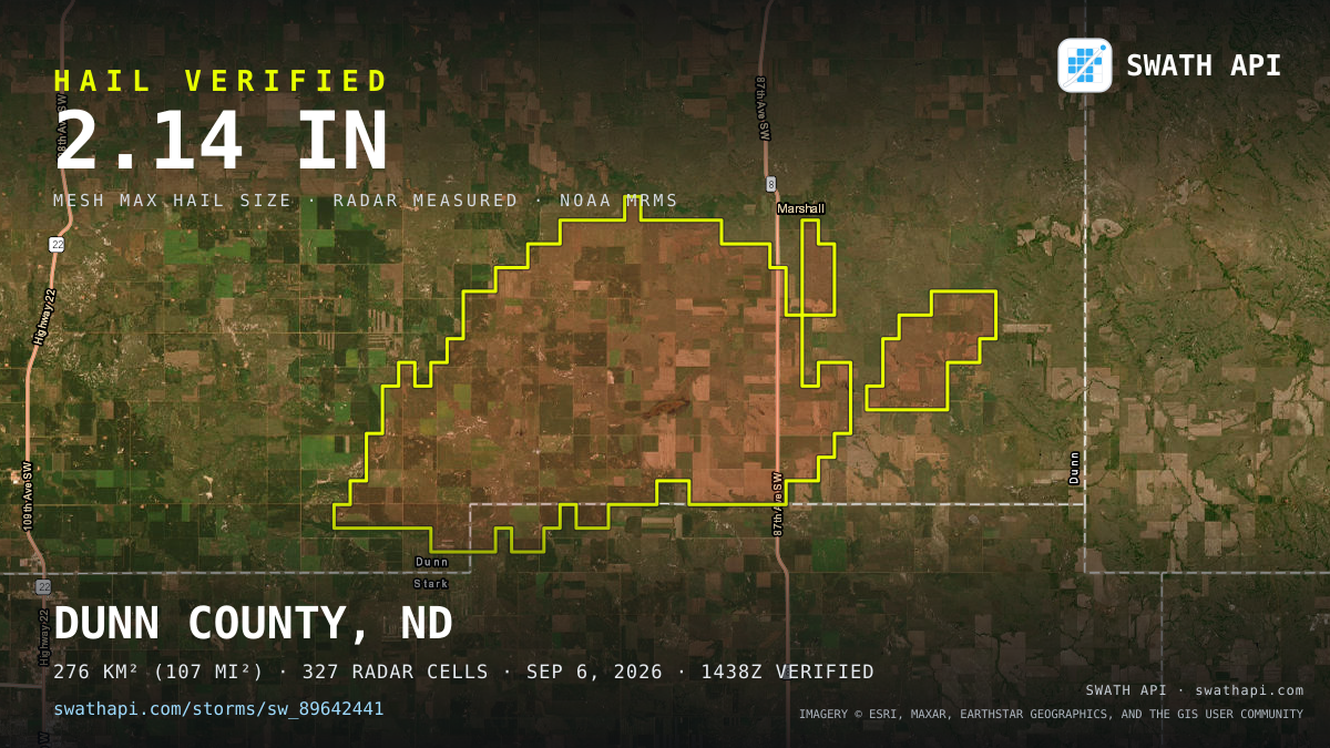 Storm card: 1.3–2.1" hail crossed Dunn County, ND — September 6, 2026