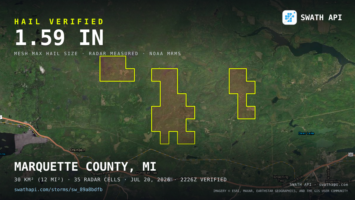 Storm card: 1.3–1.6" hail crossed Marquette County, MI — July 20, 2026