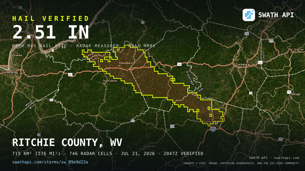 Storm card: 1.1–2.5" hail crossed Doddridge County, WV — July 21, 2026