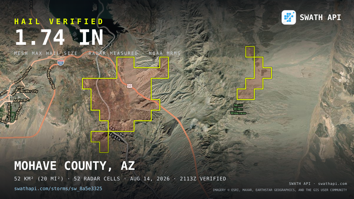 Storm card: 1.1–1.7" hail crossed Mohave County, AZ — August 14, 2026