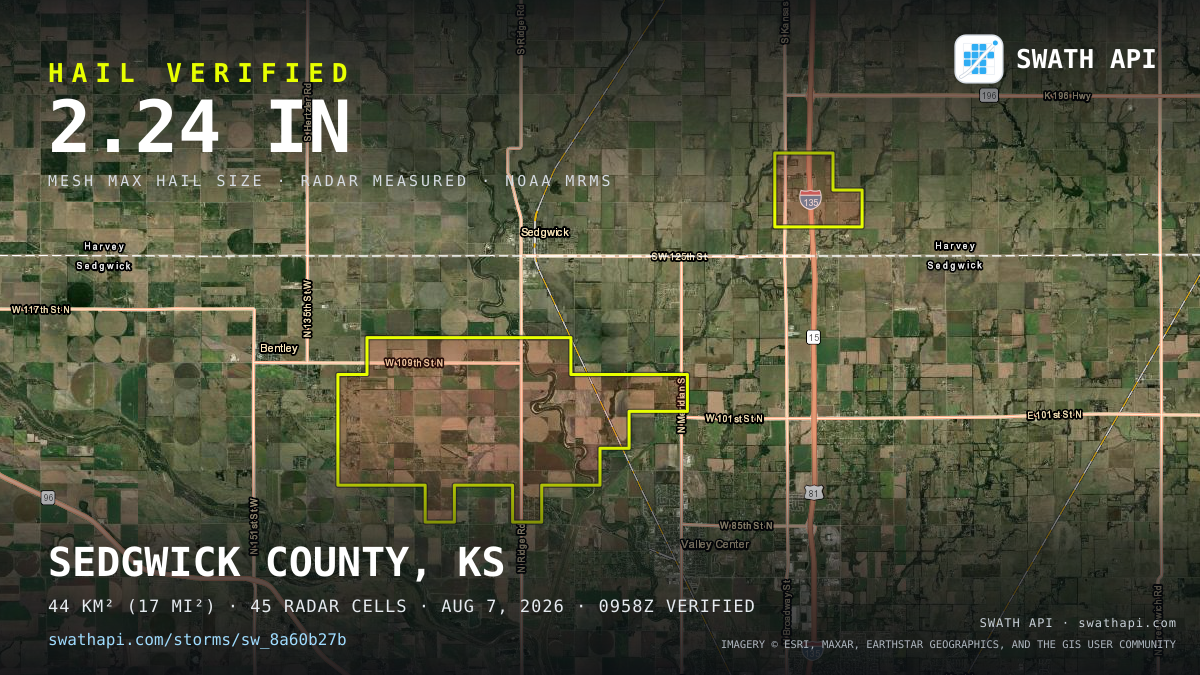 Storm card: 1.2–2.2" hail crossed Sedgwick County, KS — August 7, 2026