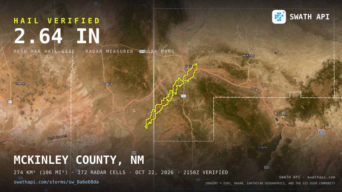 Storm card: 1.3–2.6" hail crossed McKinley County, NM — October 22, 2026