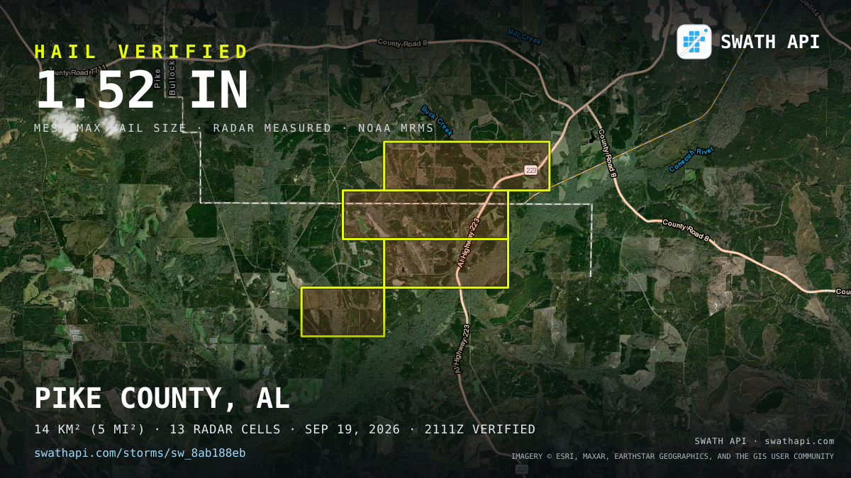 Storm card: 1.3–1.5" hail crossed Pike County, AL — September 19, 2026