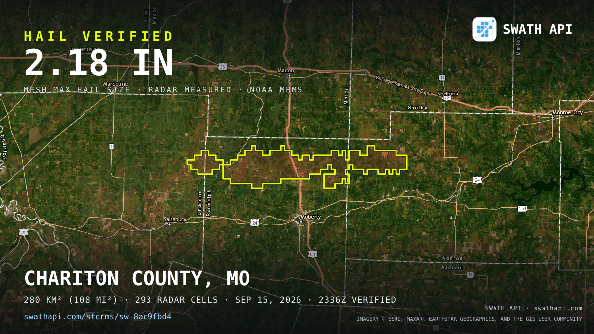 Storm card: 1.1–2.2" hail crossed Randolph County, MO — September 15, 2026