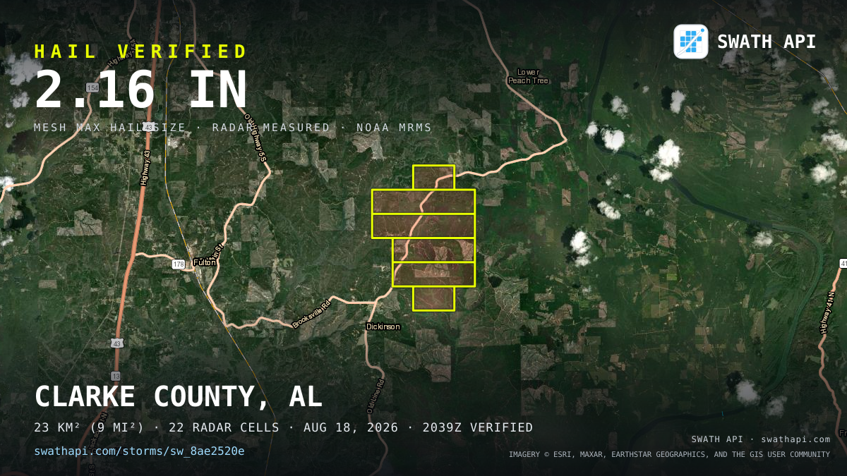 Storm card: 1.5–2.2" hail crossed Clarke County, AL — August 18, 2026