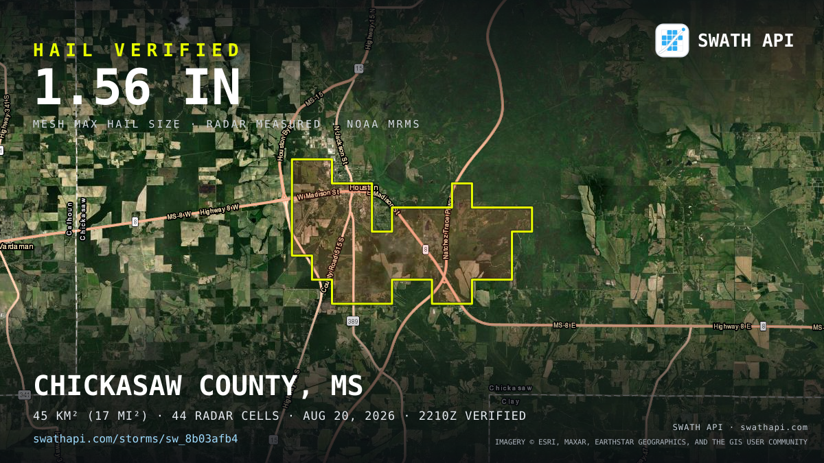 Storm card: 1.2–1.6" hail crossed Chickasaw County, MS — August 20, 2026