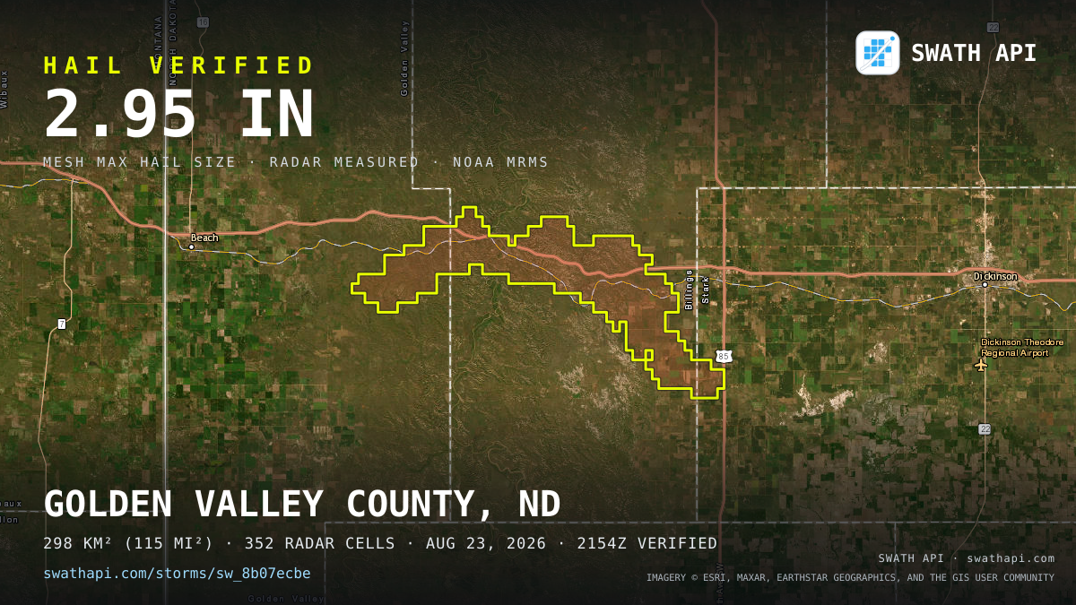 Storm card: 1.1–3" hail crossed Billings County, ND — August 23, 2026