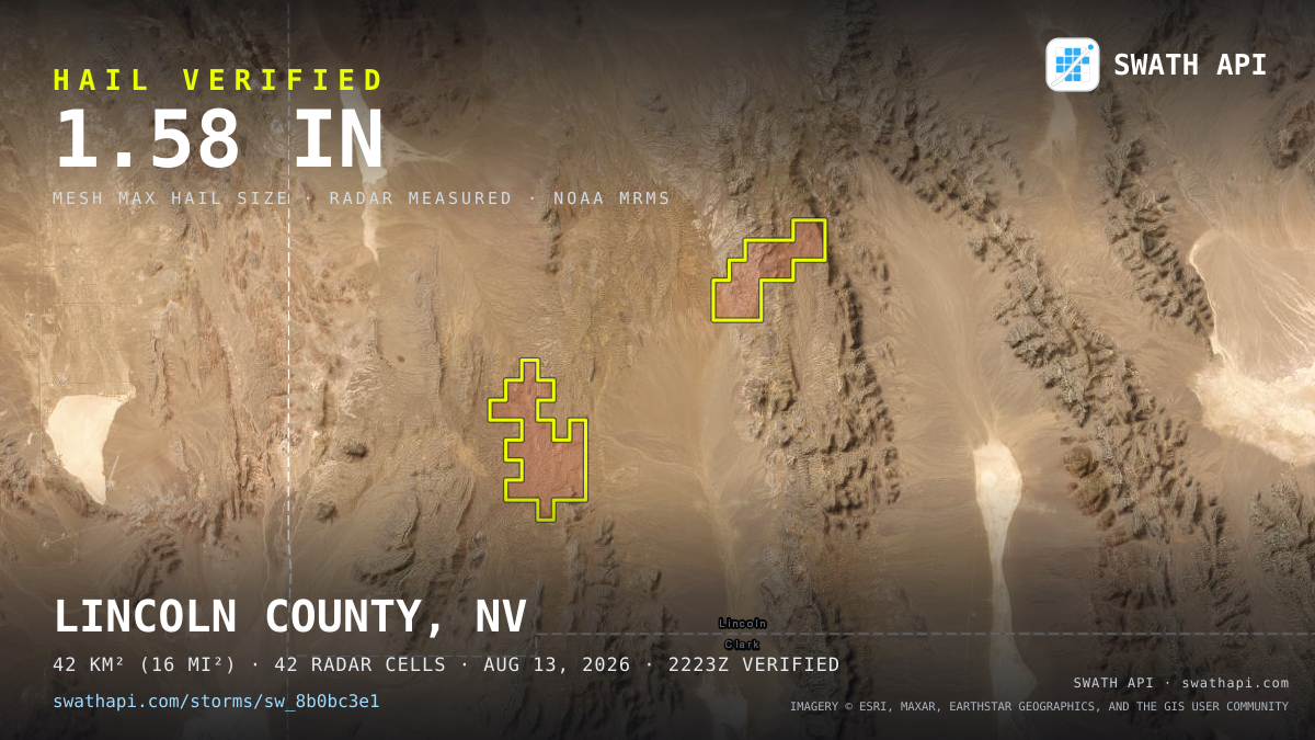 Storm card: 1.1–1.6" hail crossed Lincoln County, NV — August 13, 2026