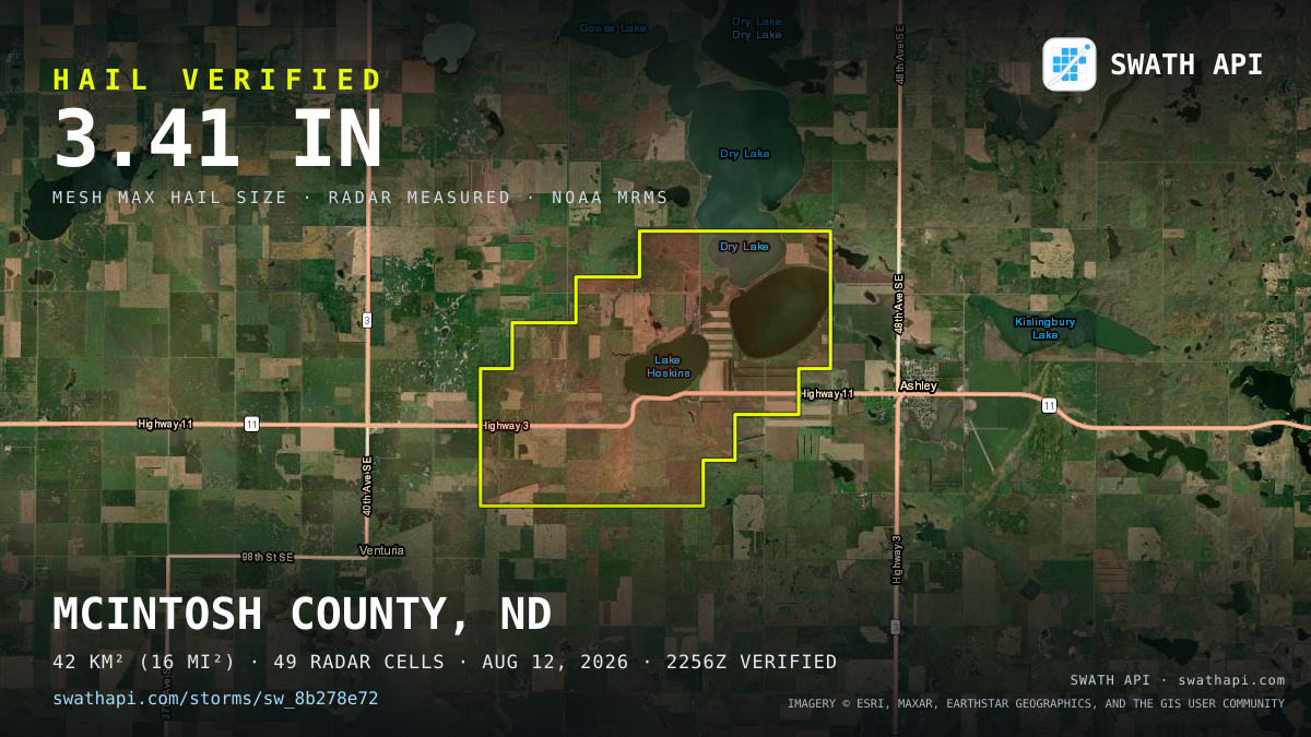 Storm card: 1.4–3.4" hail crossed McIntosh County, ND — August 12, 2026
