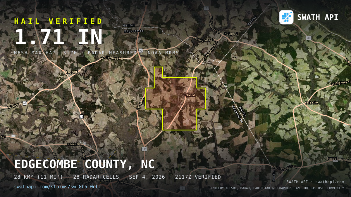 Storm card: 1.2–1.7" hail crossed Edgecombe County, NC — September 4, 2026