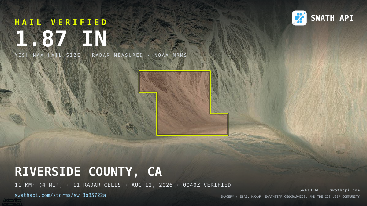 Storm card: 1.2–1.9" hail crossed Riverside County, CA — August 12, 2026