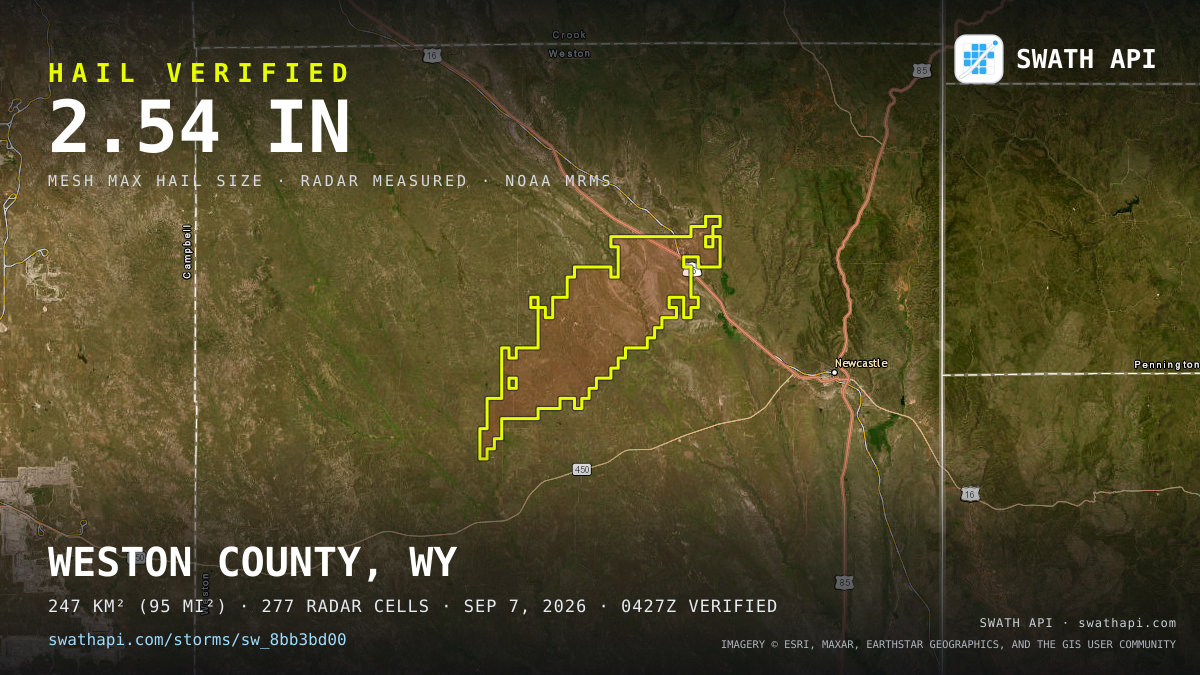 Storm card: 1.3–2.5" hail crossed Weston County, WY — September 7, 2026