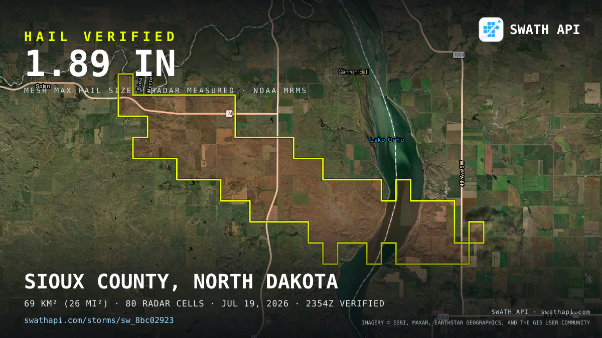 Storm card: 1.2–1.9" hail crossed Sioux County, ND — July 19, 2026