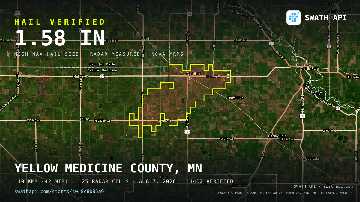 Storm card: 1.2–1.6" hail crossed Yellow Medicine County, MN — August 7, 2026