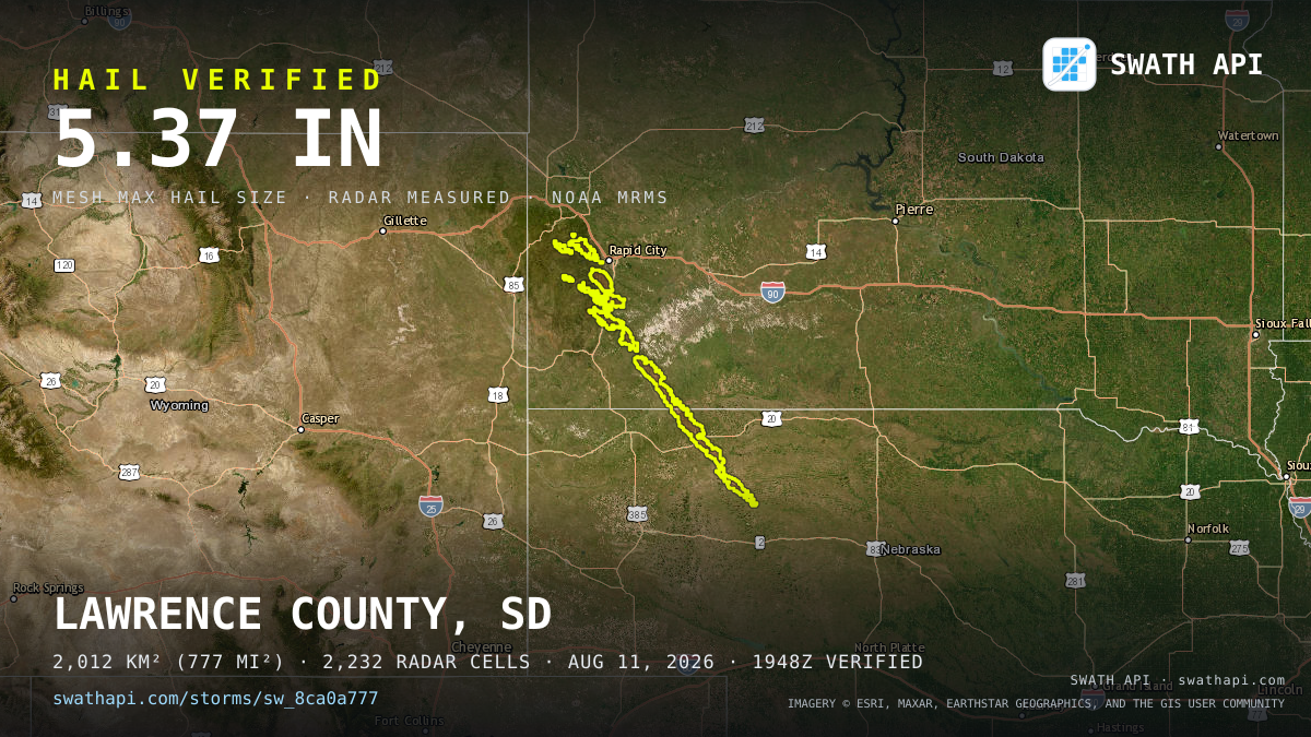 Storm card: 1.2–5.4" hail crossed Shannon County, SD — August 11, 2026