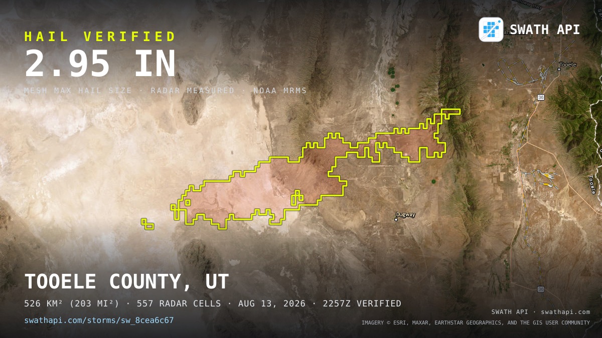 Storm card: 1.3–3" hail crossed Tooele County, UT — August 13, 2026