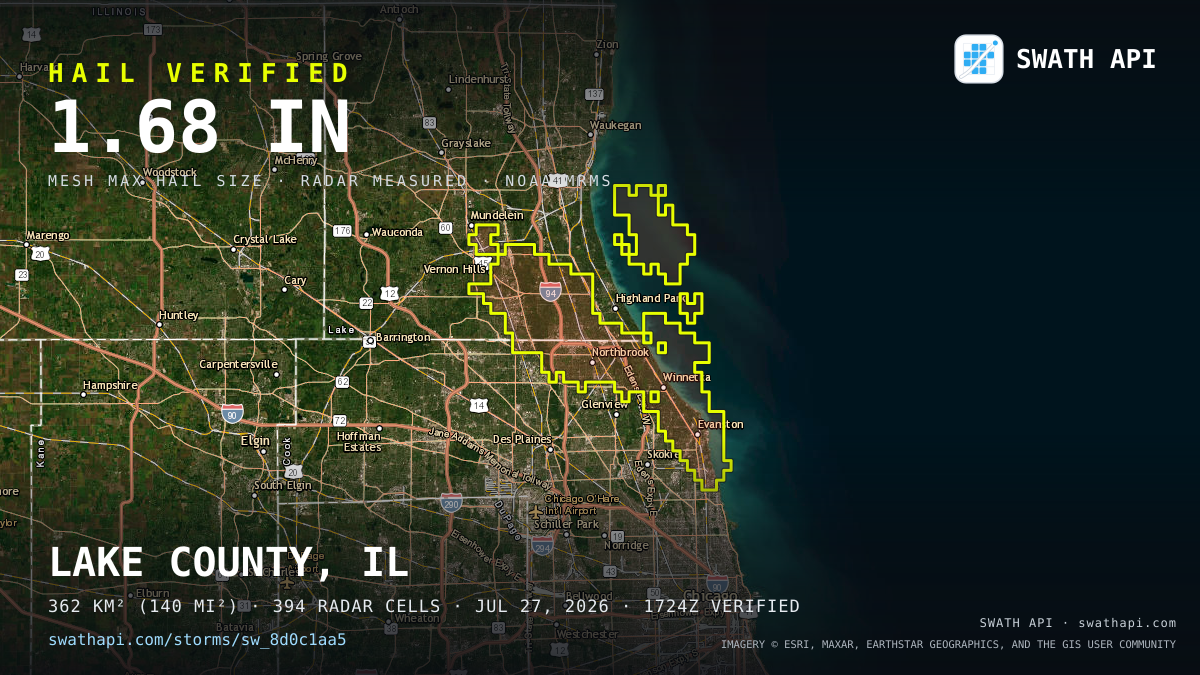 Storm card: 1.2–1.7" hail crossed Lake County, IL — July 27, 2026