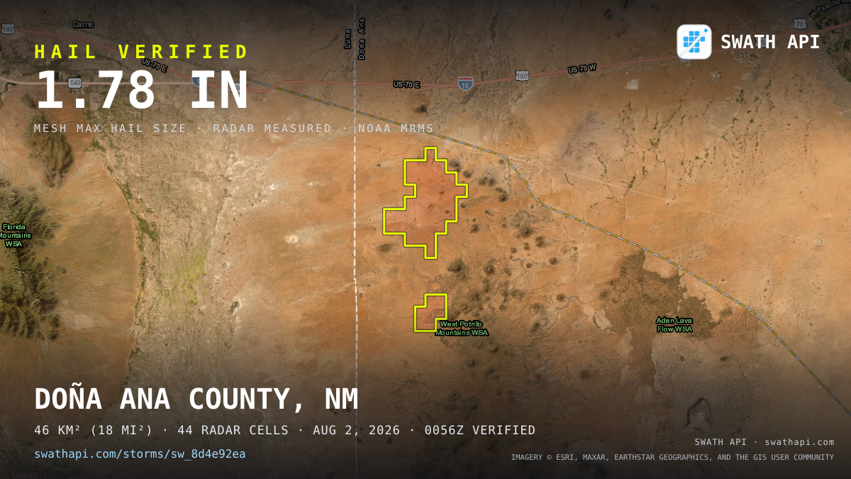 Storm card: 1.1–1.8" hail crossed Doña Ana County, NM — August 2, 2026