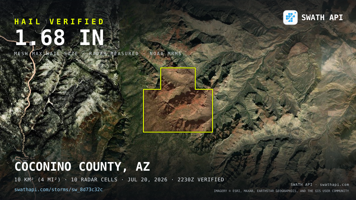 Storm card: 1.3–1.7" hail crossed Coconino County, AZ — July 20, 2026
