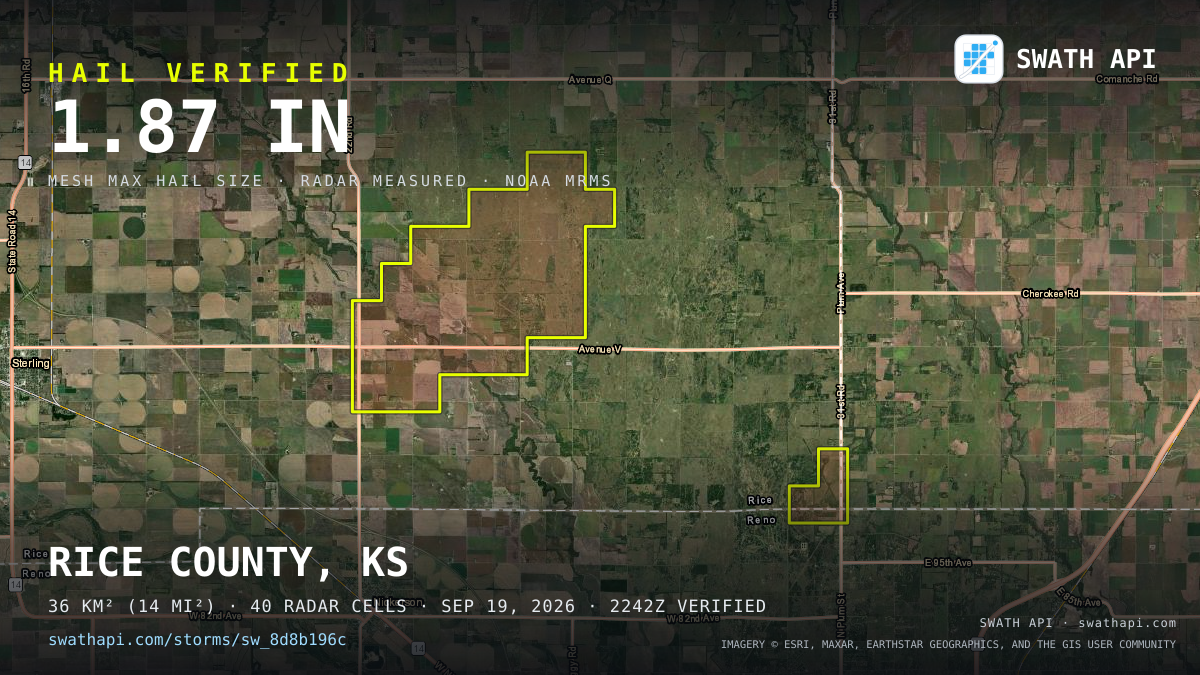 Storm card: 1.3–1.9" hail crossed Rice County, KS — September 19, 2026