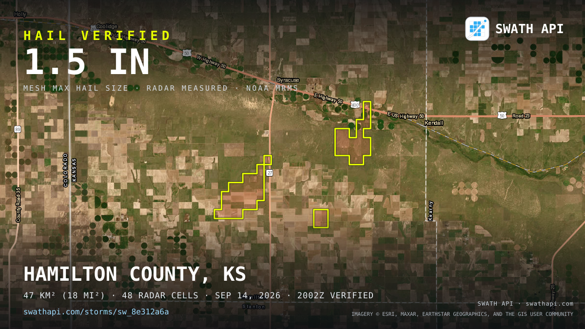 Storm card: 1.1–1.5" hail crossed Hamilton County, KS — September 14, 2026
