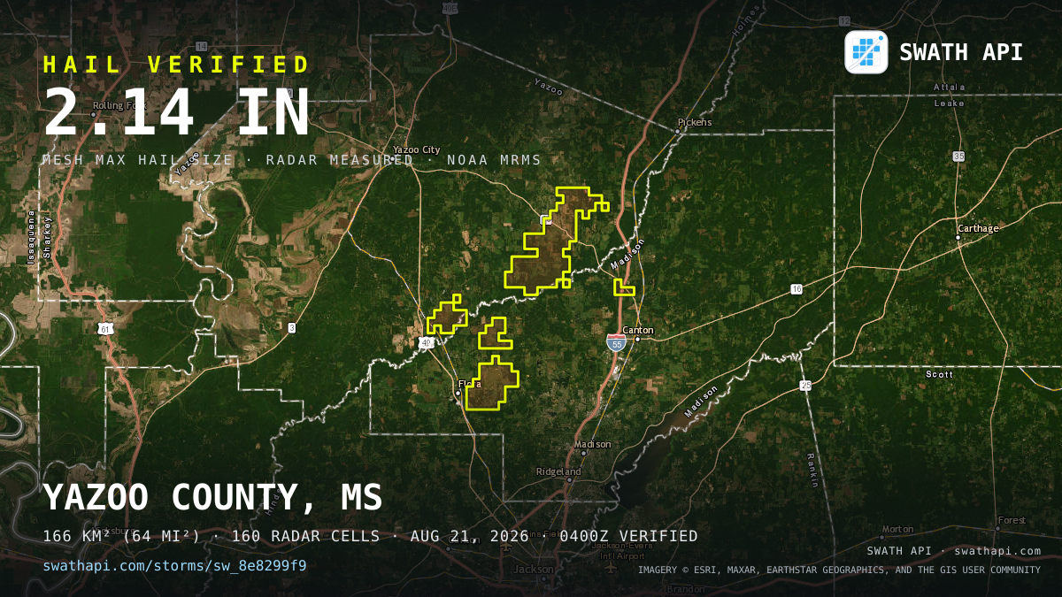 Storm card: 1.1–2.1" hail crossed Yazoo County, MS — August 21, 2026