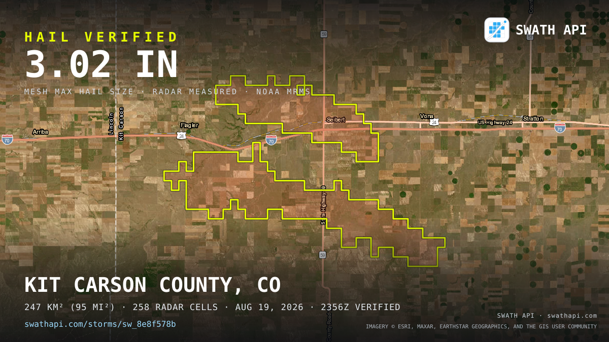 Storm card: 1.7–3" hail crossed Kit Carson County, CO — August 19, 2026