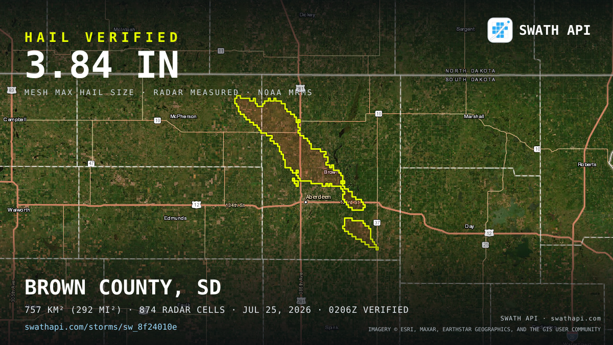 Storm card: 1.1–3.8" hail crossed Brown County, SD — July 25, 2026