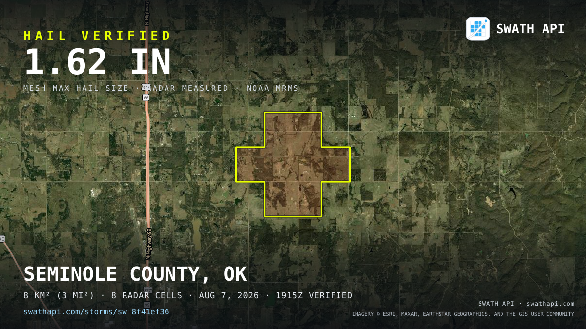 Storm card: 1.2–1.6" hail crossed Seminole County, OK — August 7, 2026