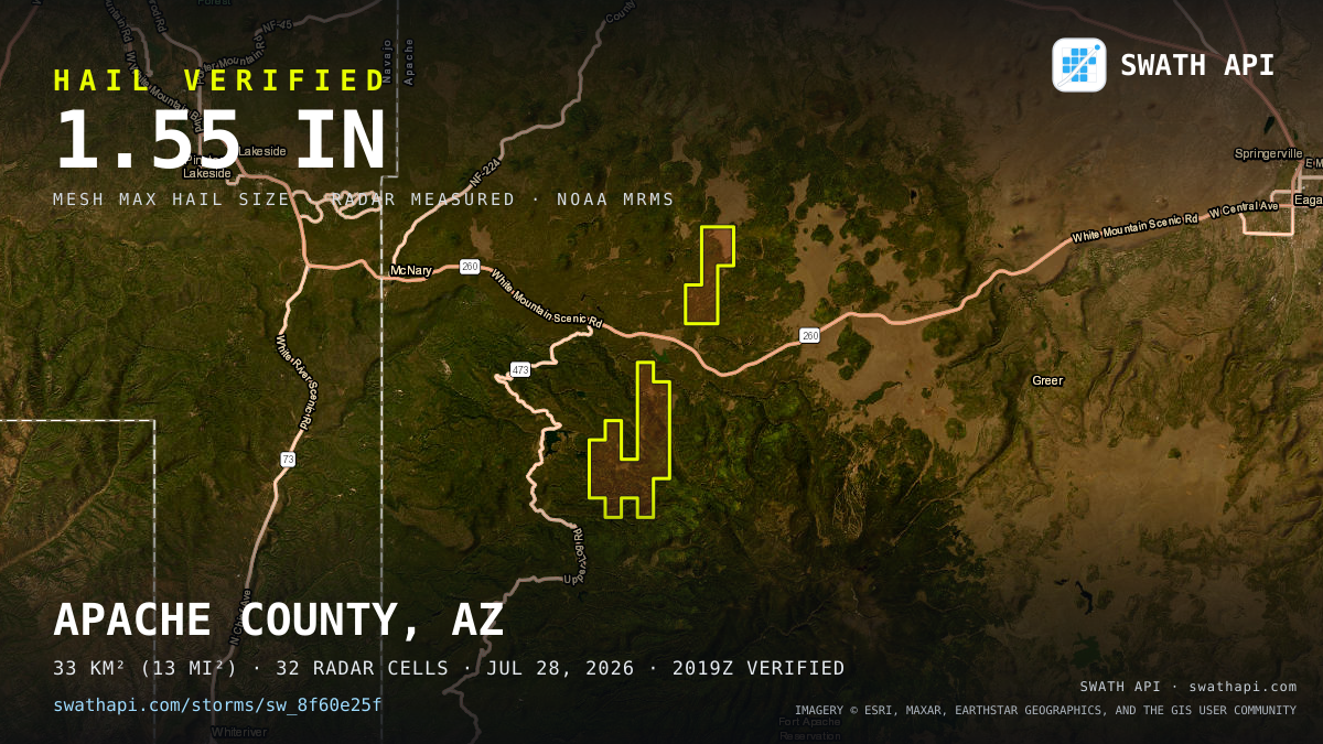 Storm card: 1.3–1.6" hail crossed Apache County, AZ — July 28, 2026