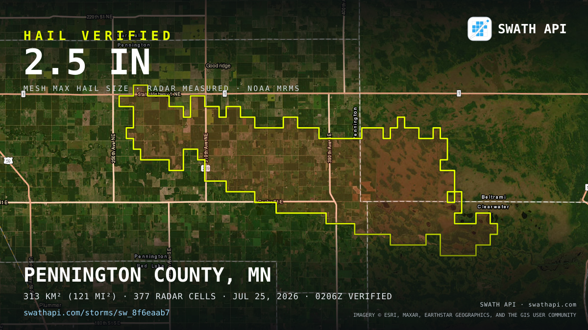 Storm card: 1.1–2.5" hail crossed Pennington County, MN — July 25, 2026