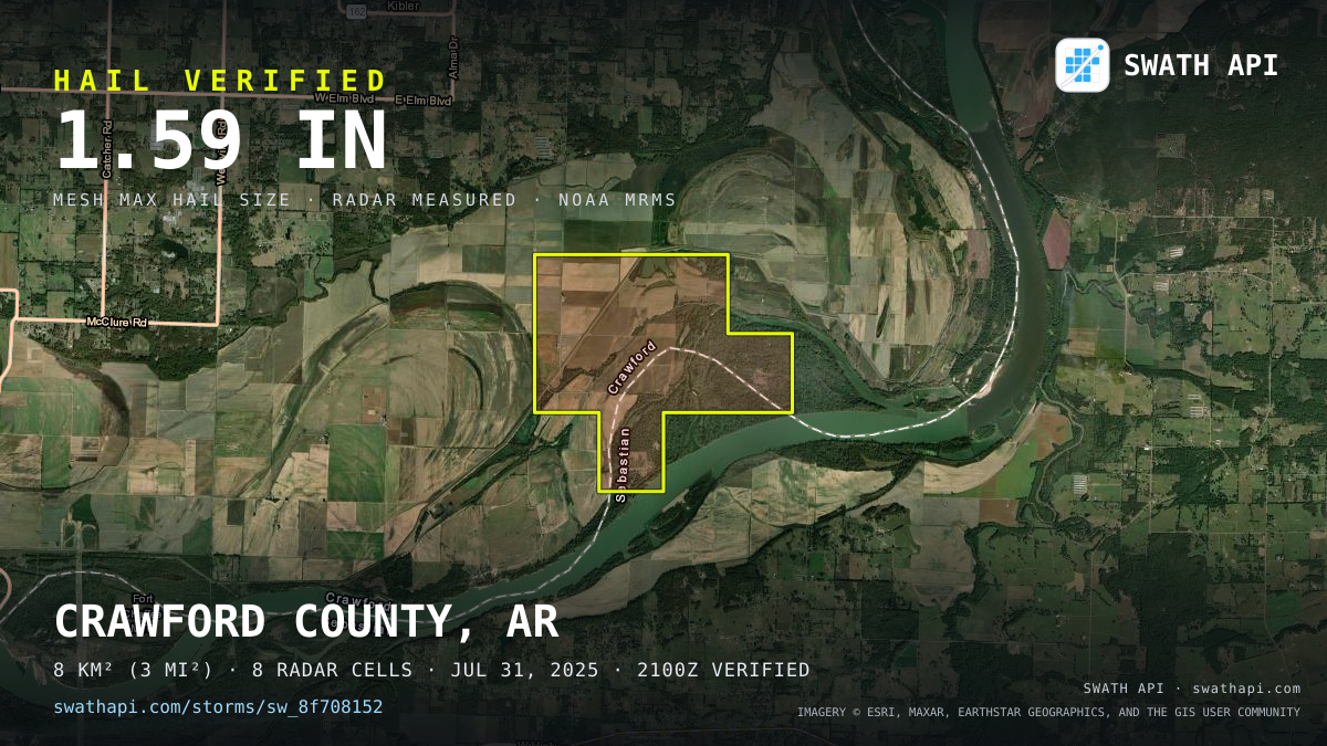 Storm card: 1.3–1.6" hail crossed Crawford County, AR — July 31, 2025