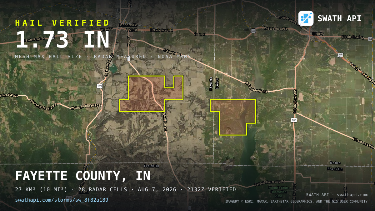 Storm card: 1.3–1.7" hail crossed Fayette County, IN — August 7, 2026