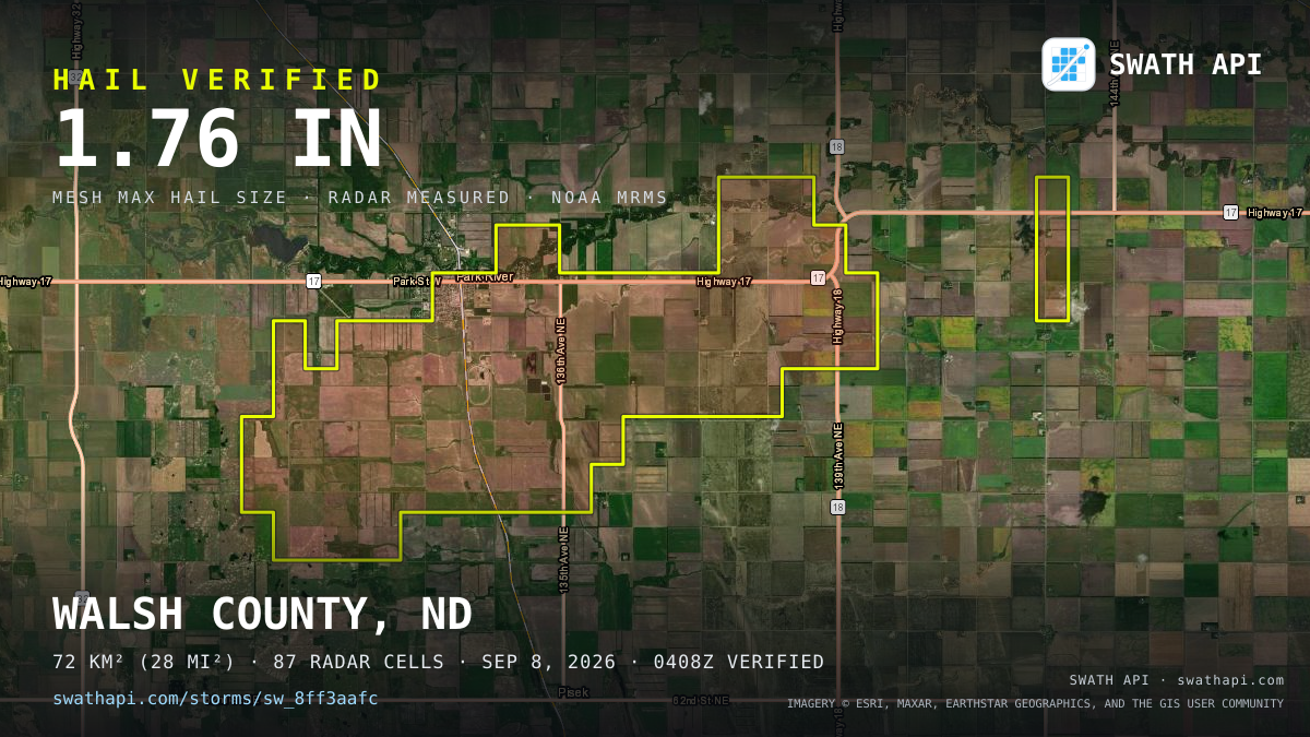 Storm card: 1.1–1.8" hail crossed Walsh County, ND — September 8, 2026