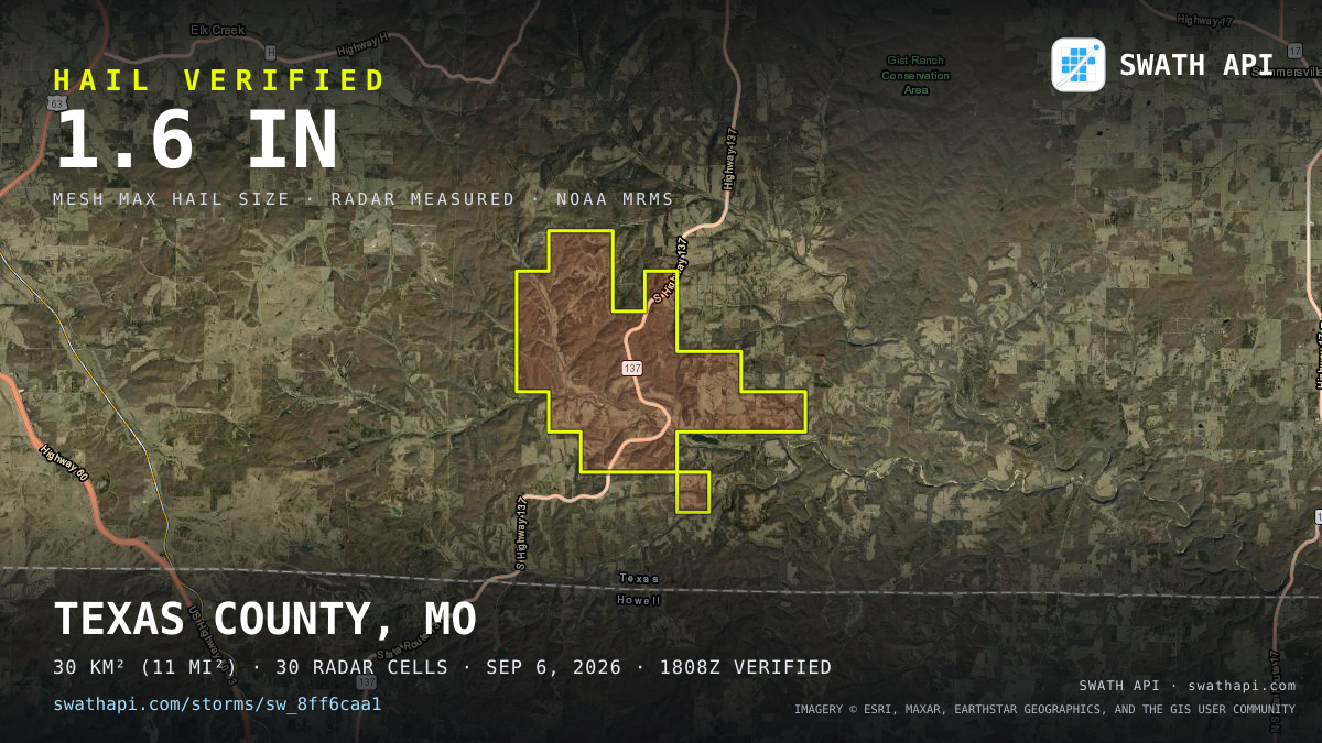 Storm card: 1.3–1.6" hail crossed Texas County, MO — September 6, 2026