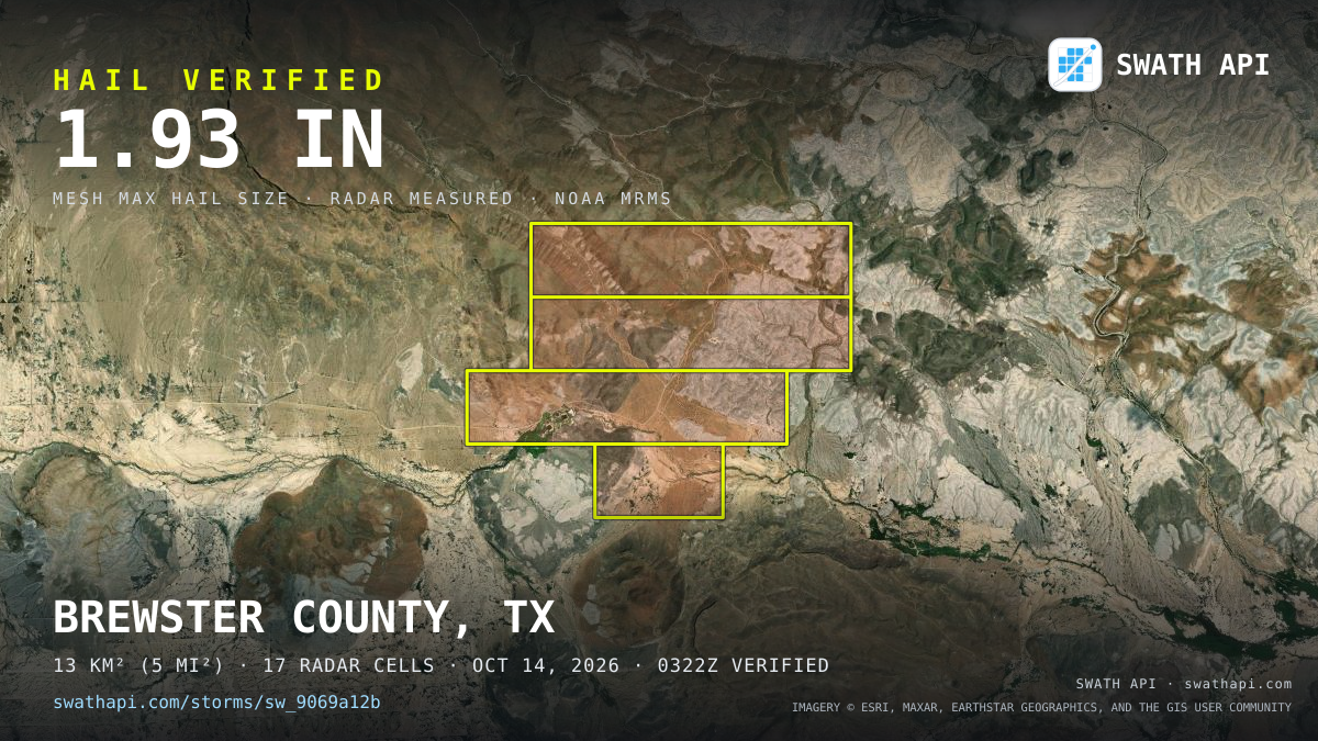 Storm card: 1.2–2.7" hail crossed Brewster County, TX — October 14, 2026