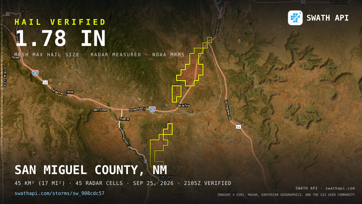 Storm card: 1.2–1.8" hail crossed San Miguel County, NM — September 25, 2026