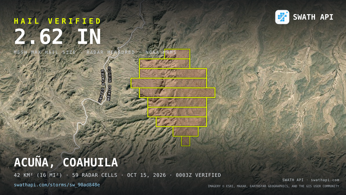 Storm card: 1.1–2.8" hail verified near 29.64, -102.66 — October 15, 2026