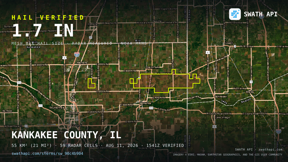 Storm card: 1.2–1.7" hail crossed Kankakee County, IL — August 11, 2026