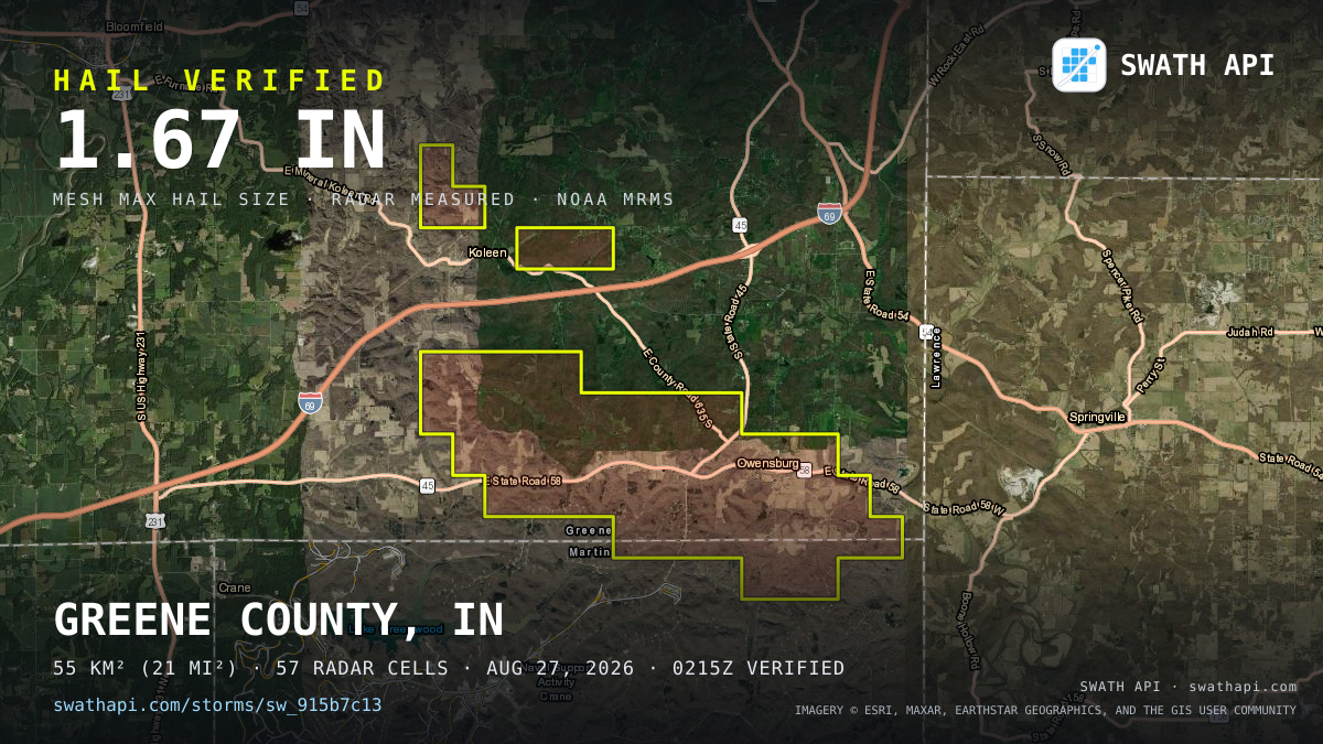 Storm card: 1.2–1.7" hail crossed Greene County, IN — August 27, 2026