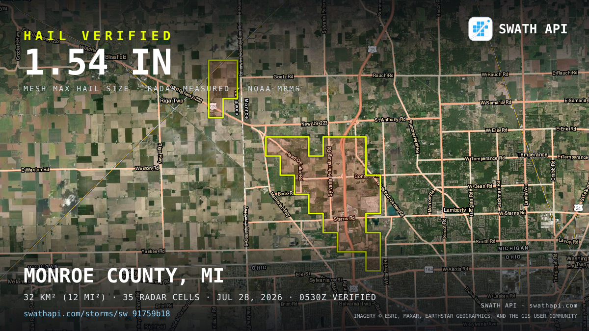 Storm card: 1.2–1.5" hail crossed Monroe County, MI — July 28, 2026