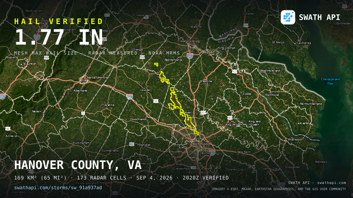 Storm card: 1.1–1.8" hail crossed Hanover County, VA — September 4, 2026