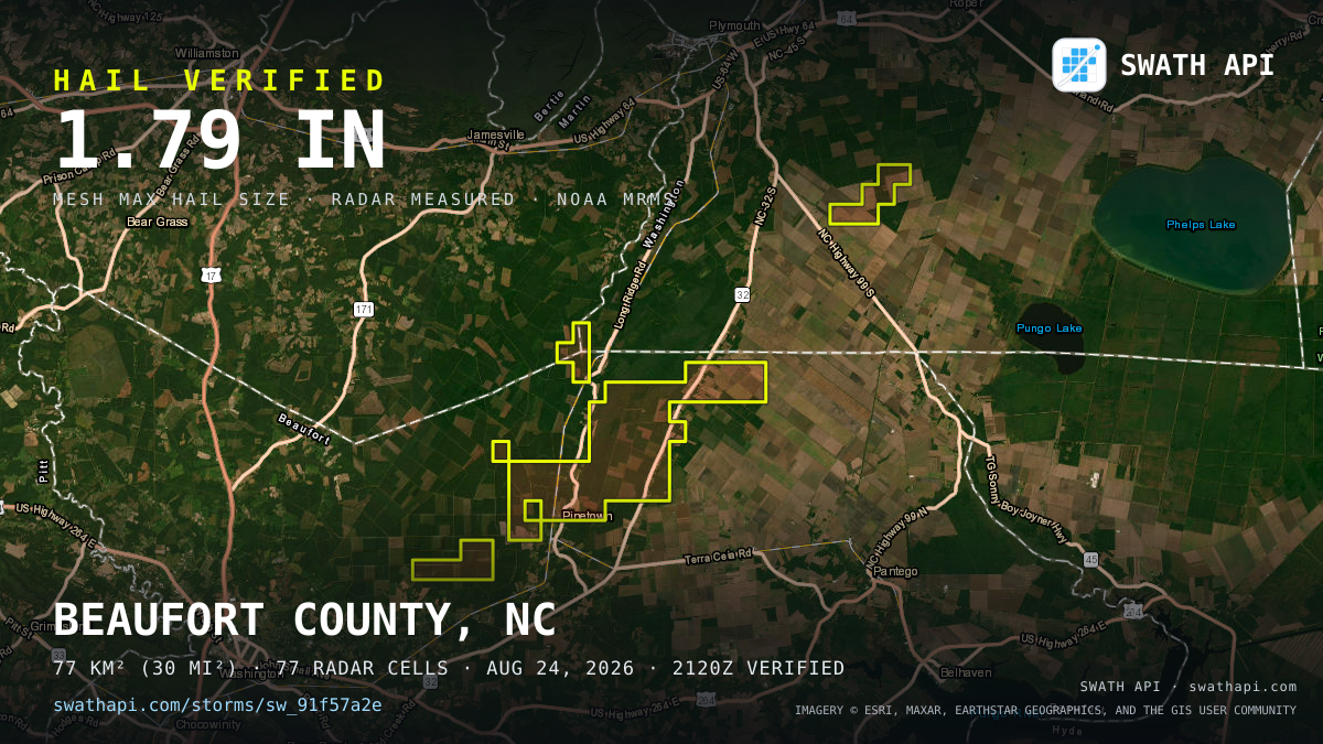 Storm card: 1.1–1.8" hail crossed Beaufort County, NC — August 24, 2026