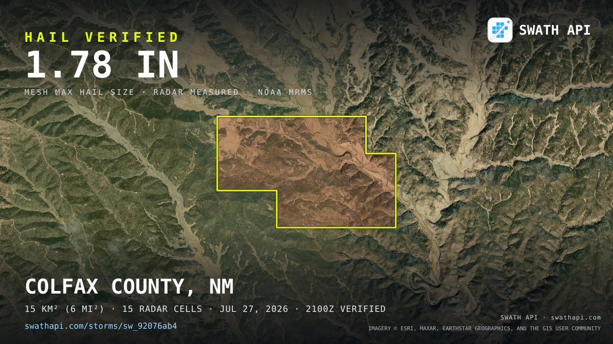 Storm card: 1.2–1.8" hail crossed Colfax County, NM — July 27, 2026