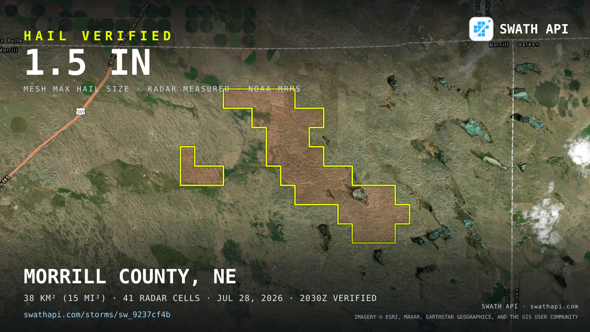 Storm card: 1.2–1.5" hail crossed Morrill County, NE — July 28, 2026