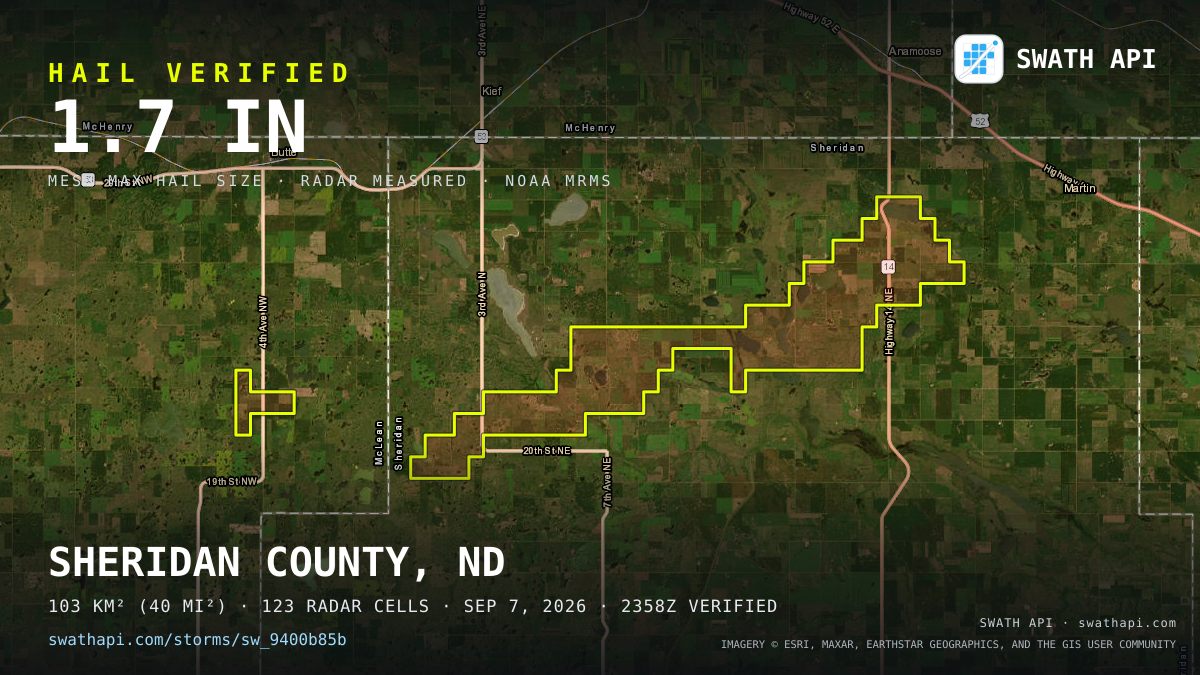 Storm card: 1.1–1.7" hail crossed Sheridan County, ND — September 7, 2026